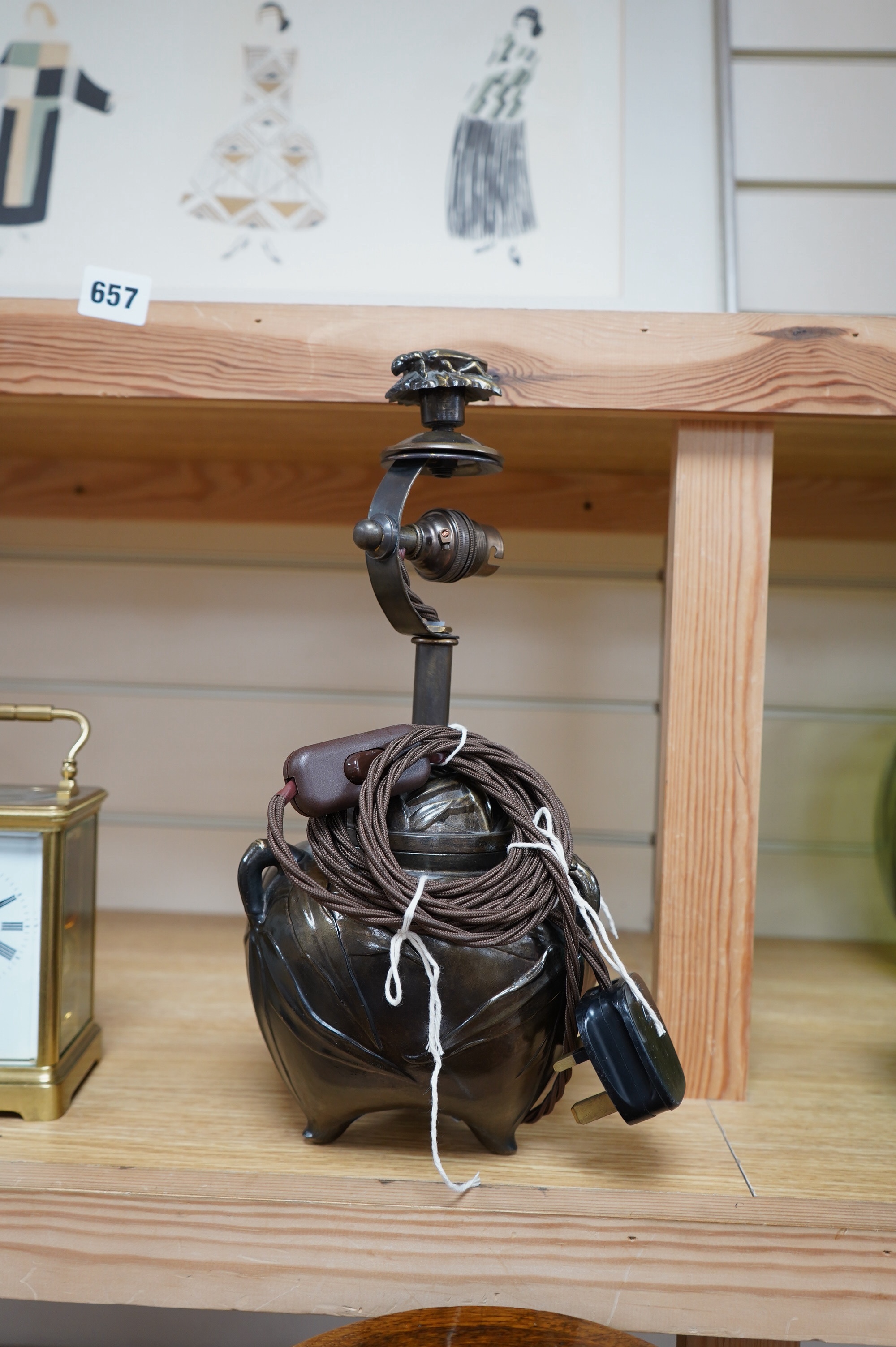 A Japanese bronze table lamp with white with green edge shade, wired, overall 33cm high, Condition - minor scuffing to the lacquer finish, in good condition, not tested